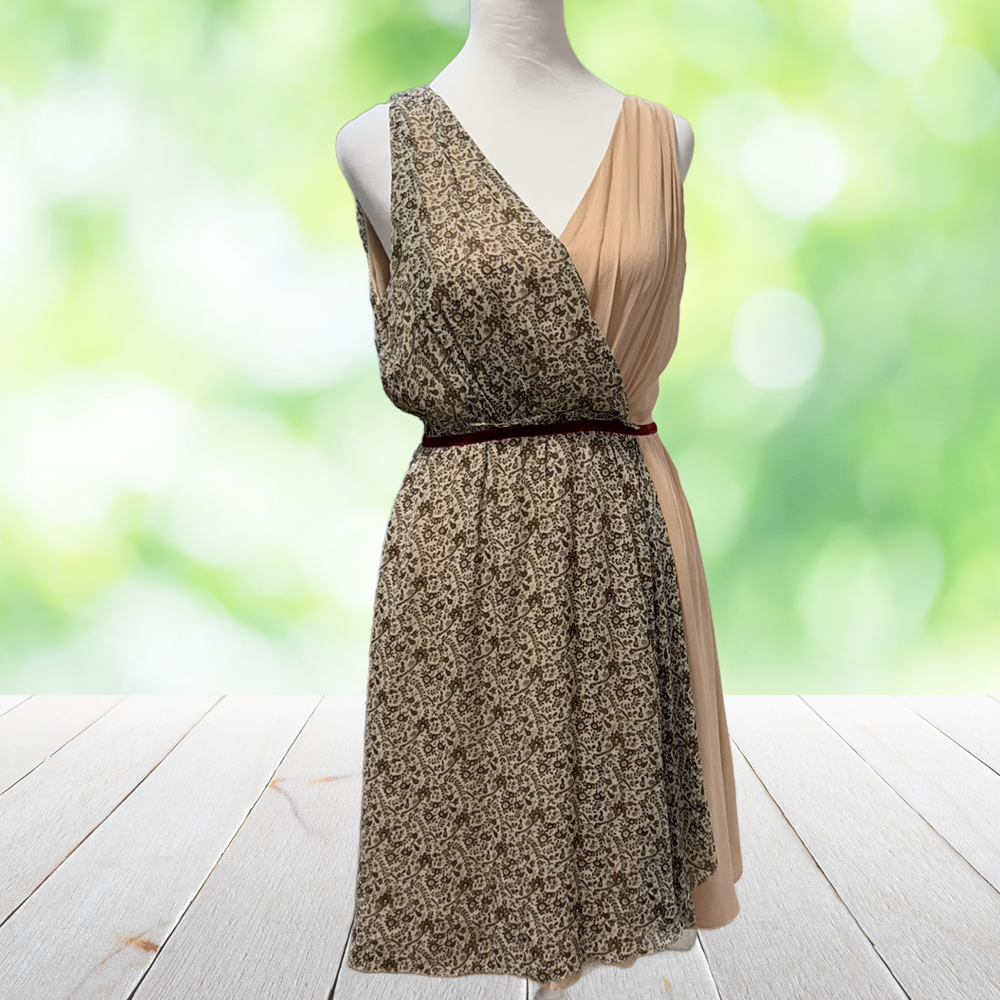 ANNIE HAVLICEK Silk Dress Brown Blush Asymmetric Vintage Floral Grecian Size 4